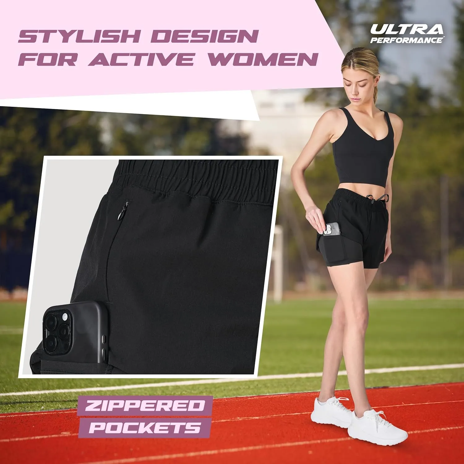 Ultra Performance Gym Shorts Women Pack of 2, Nylon Compression Workout Shorts Women with Liner