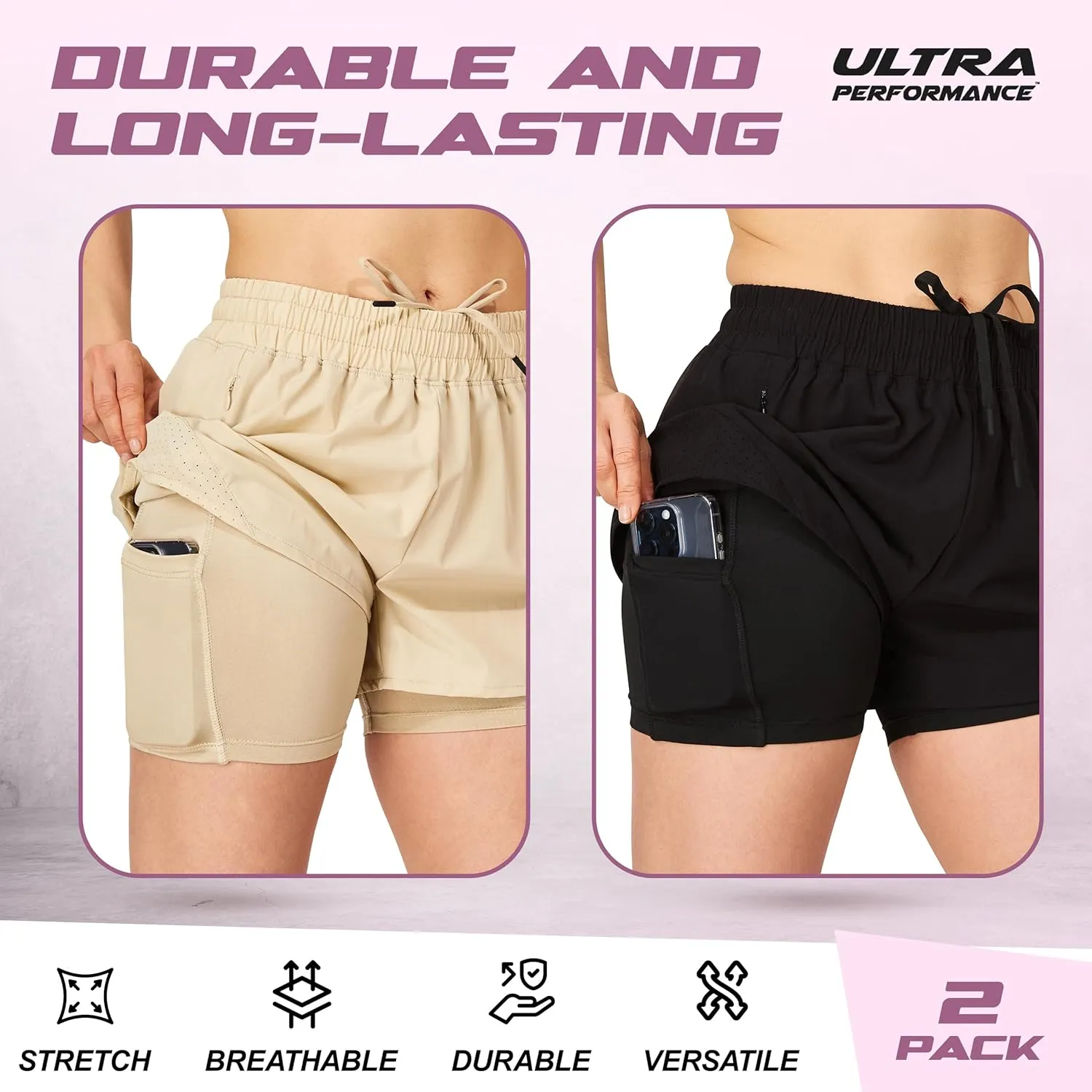 Ultra Performance Gym Shorts Women Pack of 2, Nylon Compression Workout Shorts Women with Liner