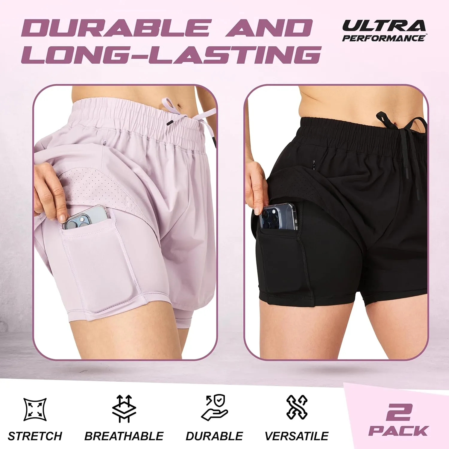 Ultra Performance Gym Shorts Women Pack of 2, Nylon Compression Workout Shorts Women with Liner