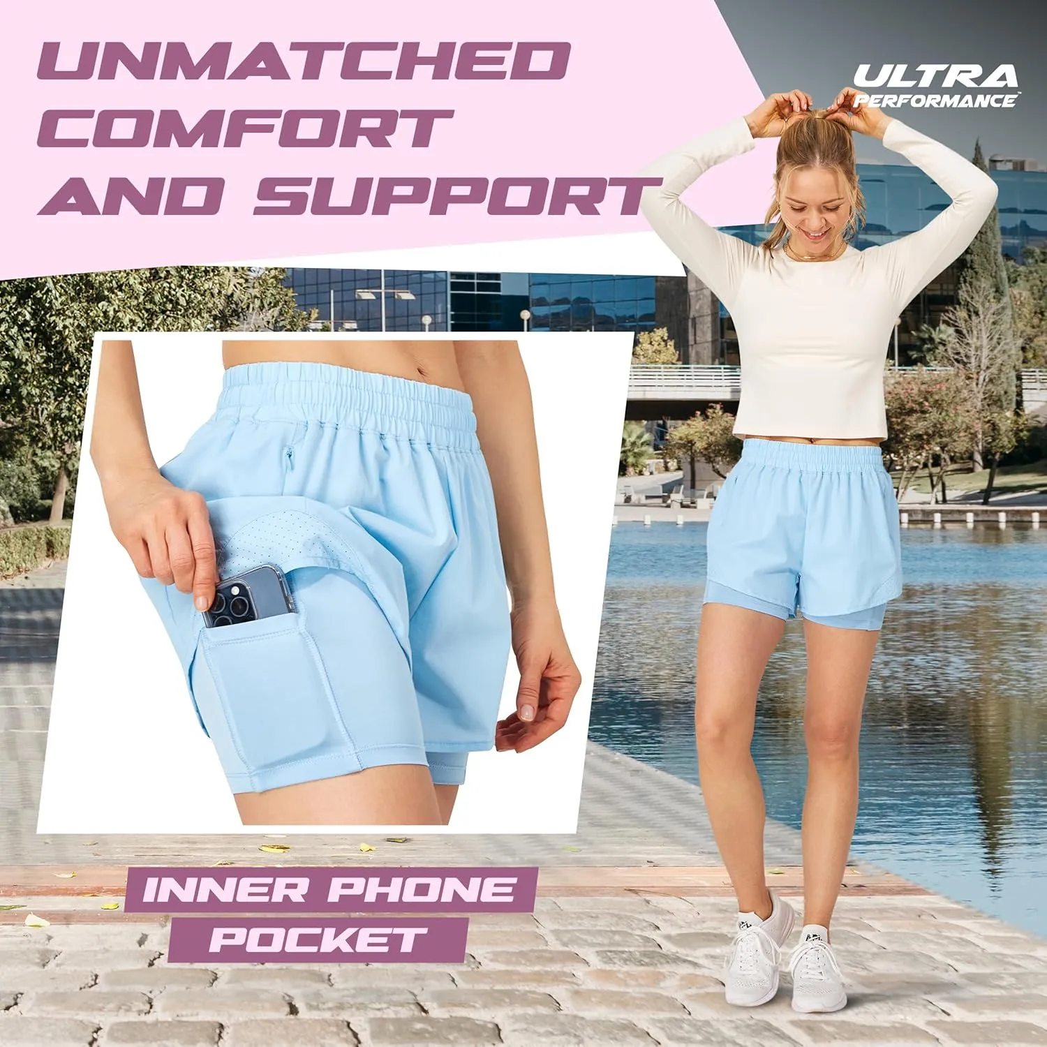 Ultra Performance Gym Shorts Women Pack of 2, Nylon Compression Workout Shorts Women with Liner