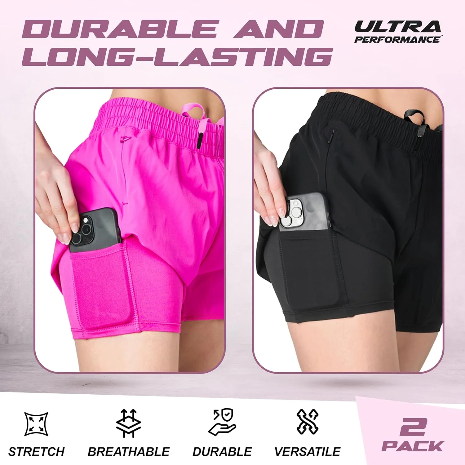 Ultra Performance Gym Shorts Women Pack of 2, Nylon Compression Workout Shorts Women with Liner