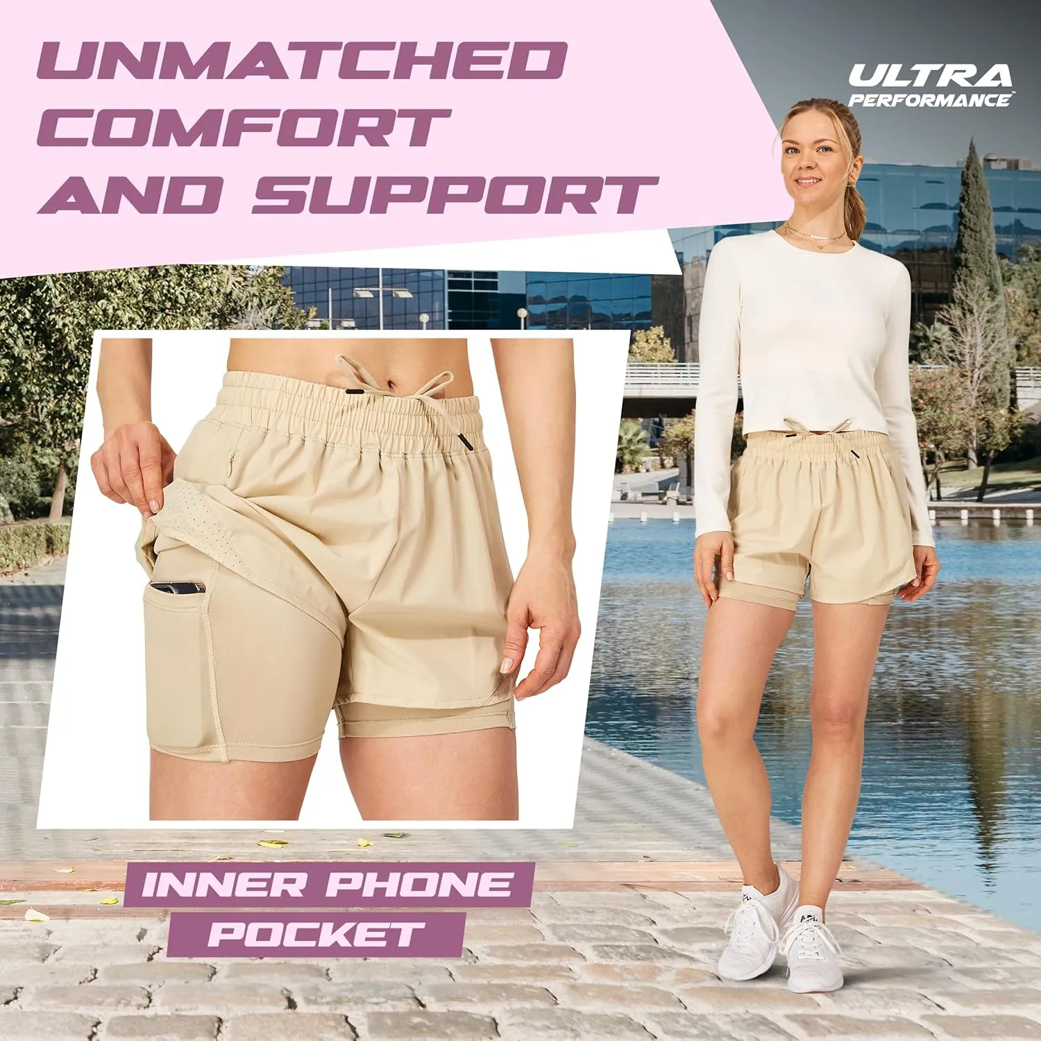 Ultra Performance Gym Shorts Women Pack of 2, Nylon Compression Workout Shorts Women with Liner