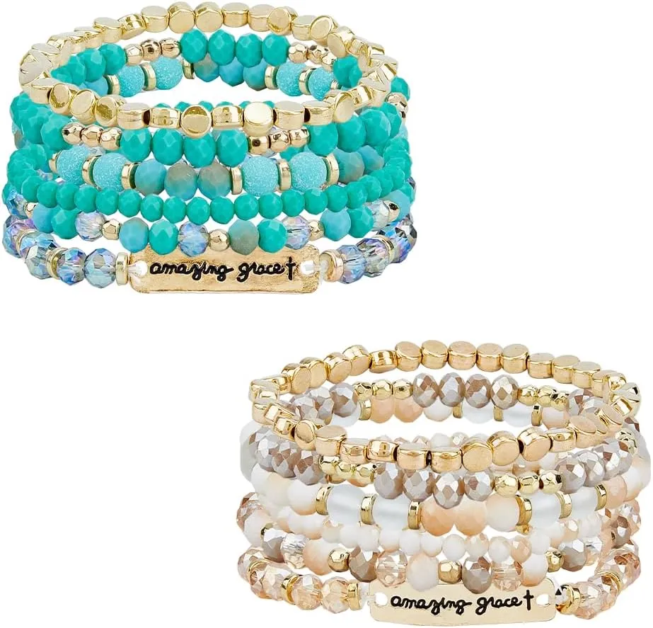 UNICRAFTALE 12Pcs 12 Styles Stackable Bracelets Verse Friendship Brave Inspirational Beaded Bracelets Multi-Layered Stretch Bangles Bracelets Religion Message Crystal Bracelets for Woman