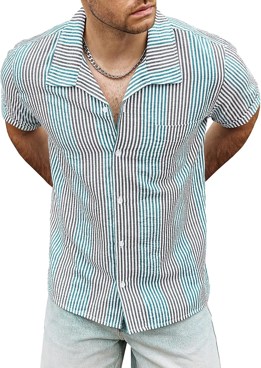 VATPAVE Mens Casual Striped Shirts Short Sleeve Button Down Summer Shirts Regular Fit Beach Shirts with Pocket