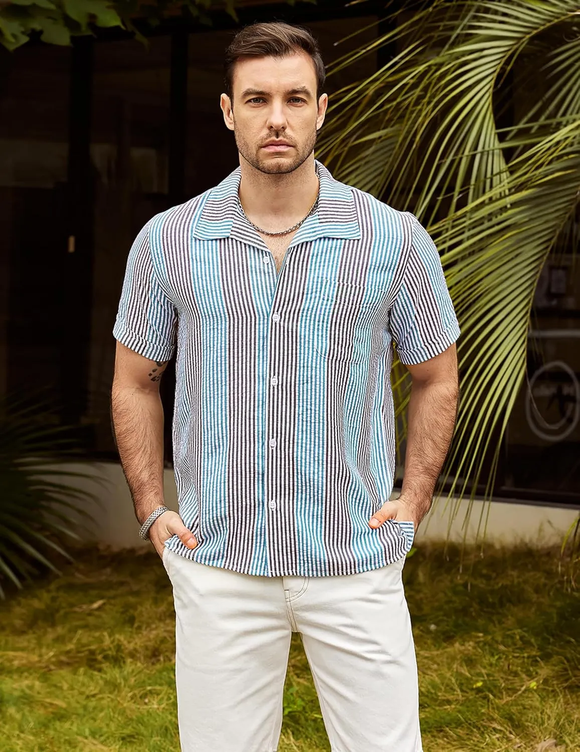 VATPAVE Mens Casual Striped Shirts Short Sleeve Button Down Summer Shirts Regular Fit Beach Shirts with Pocket