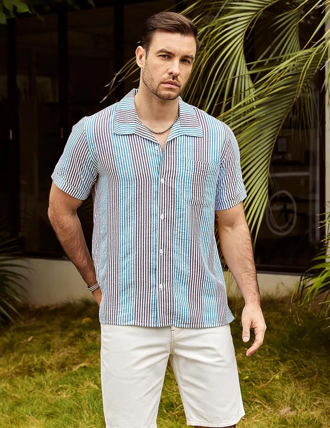 VATPAVE Mens Casual Striped Shirts Short Sleeve Button Down Summer Shirts Regular Fit Beach Shirts with Pocket