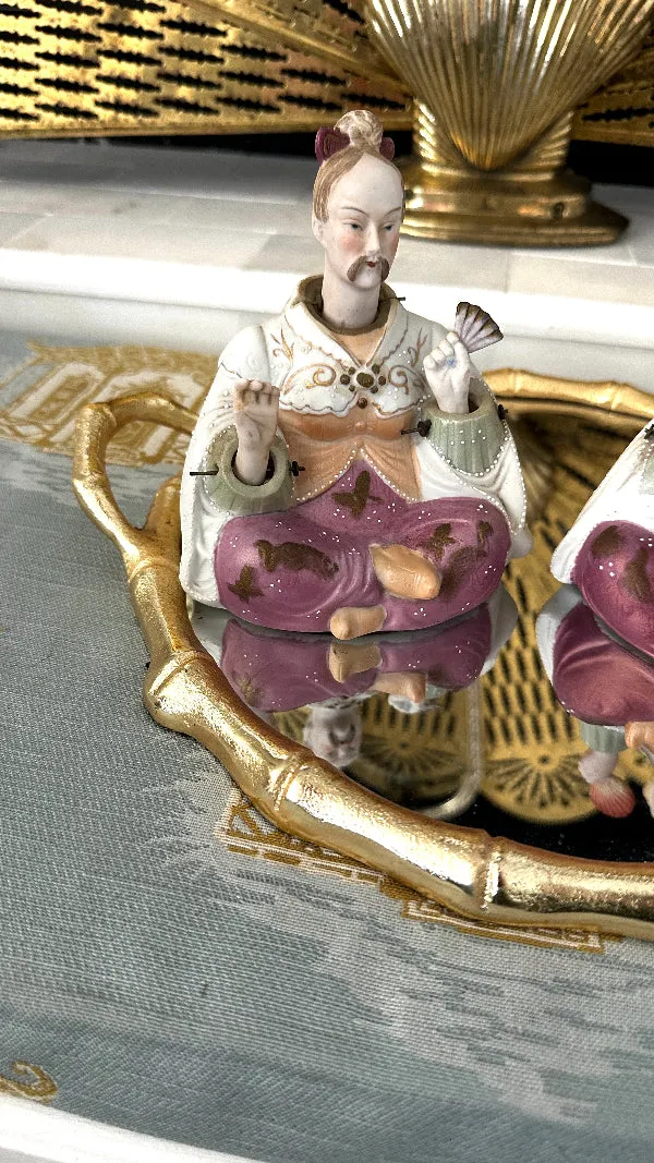 Vintage Nodder, Bobble Head Figurines, Waving Fans, Ardalt, Japanese, Asian , Stamped and Numbered, Male & Female, Pair