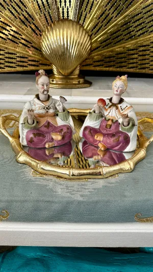 Vintage Nodder, Bobble Head Figurines, Waving Fans, Ardalt, Japanese, Asian , Stamped and Numbered, Male & Female, Pair