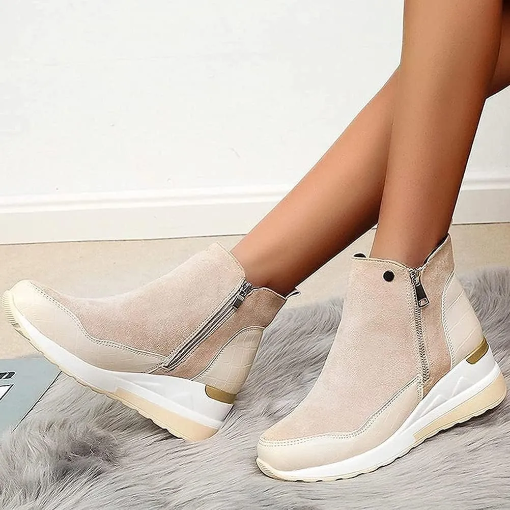 Walking Shoes for Women Wedge Platform Suede Bootie Sneakers Zipper Arch Support Hiking Shoes,7.5,Beige