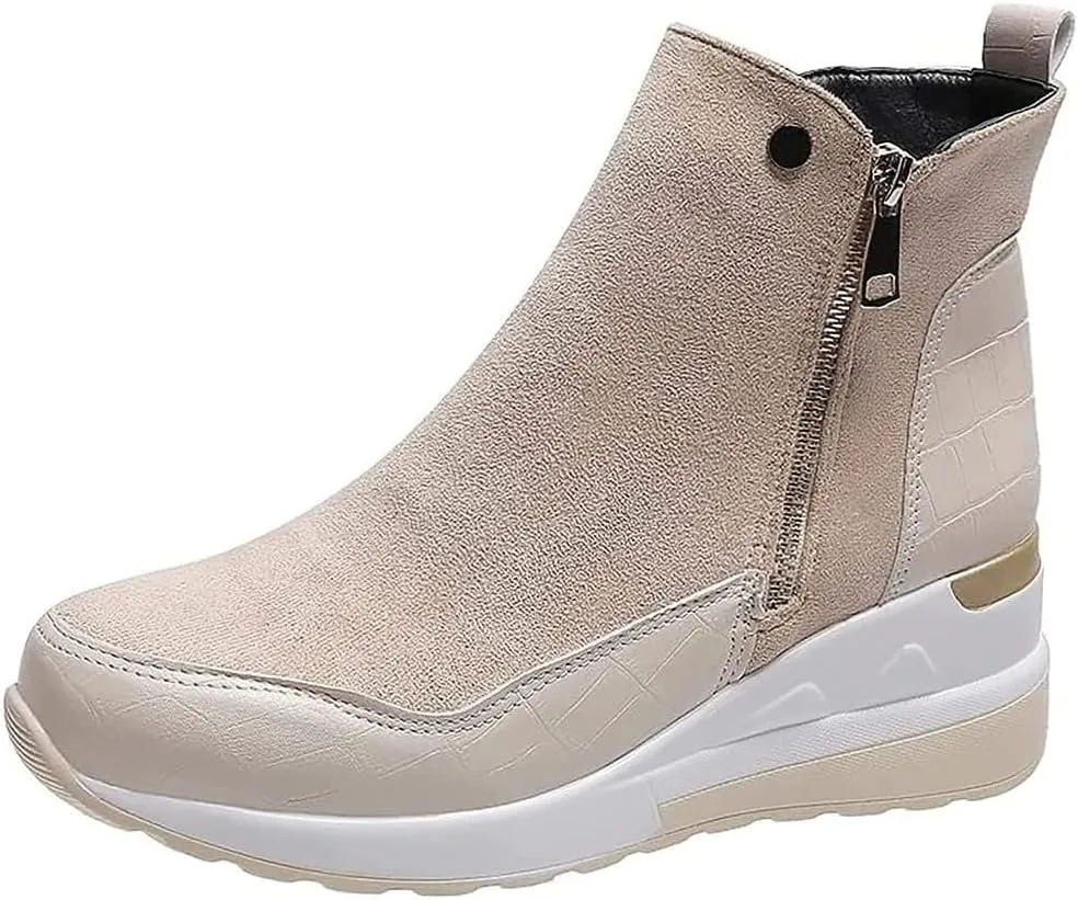 Walking Shoes for Women Wedge Platform Suede Bootie Sneakers Zipper Arch Support Hiking Shoes,7.5,Beige