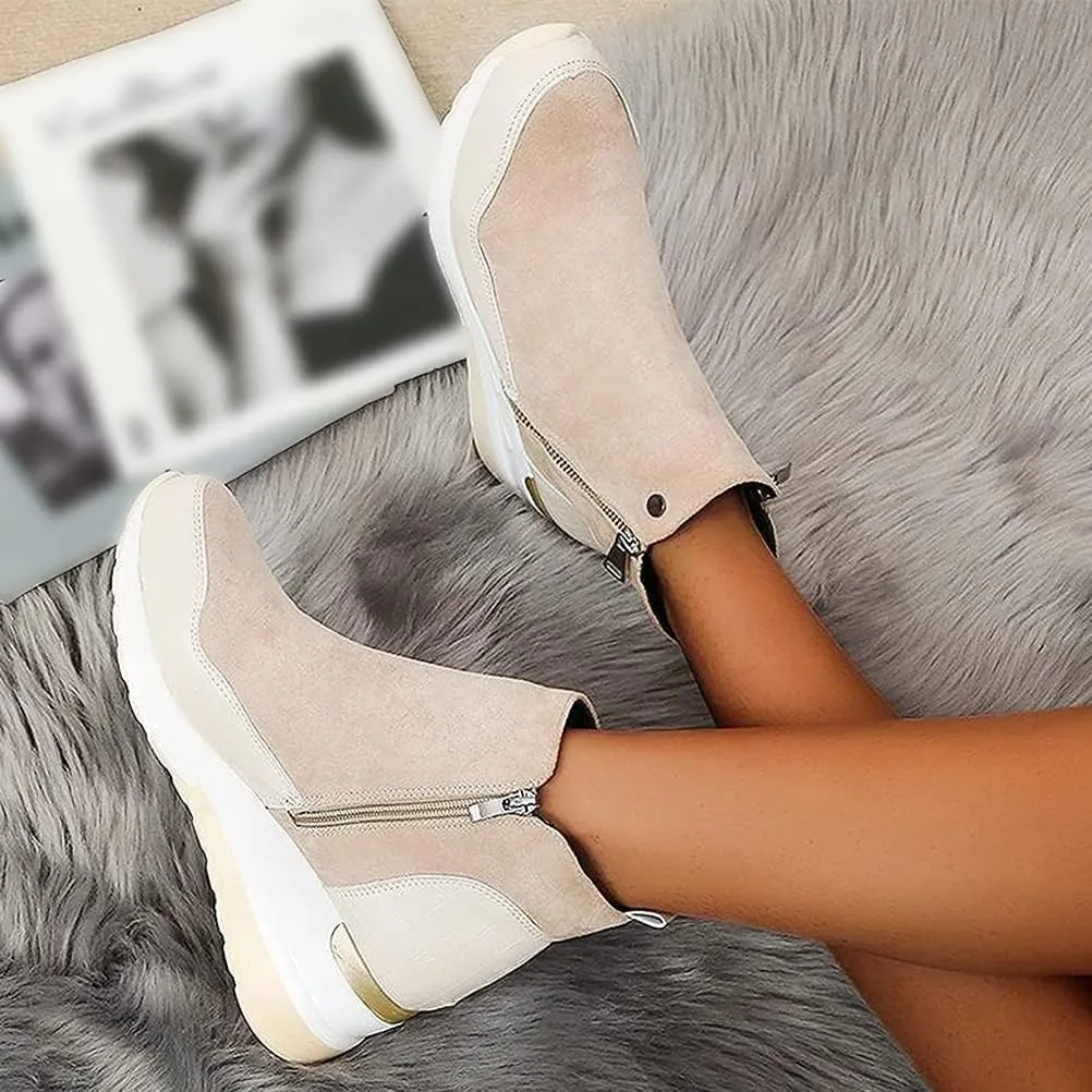 Walking Shoes for Women Wedge Platform Suede Bootie Sneakers Zipper Arch Support Hiking Shoes,7.5,Beige
