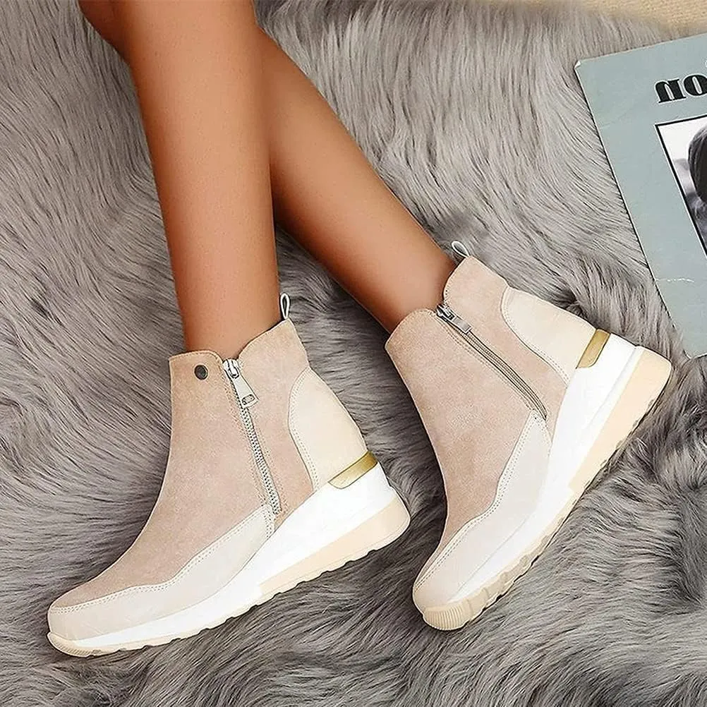 Walking Shoes for Women Wedge Platform Suede Bootie Sneakers Zipper Arch Support Hiking Shoes,7.5,Beige
