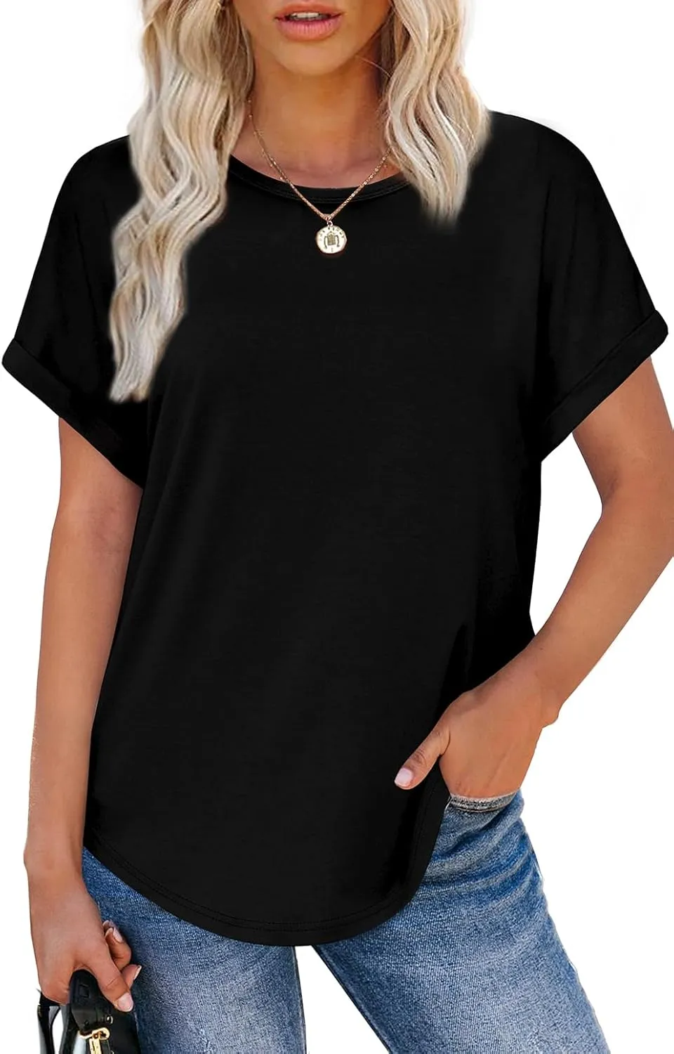 WEESO Womens T Shirts Crew Neck Rolled Short Sleeve Basic Summer Tops 2025 Casual Tees Curved Hem
