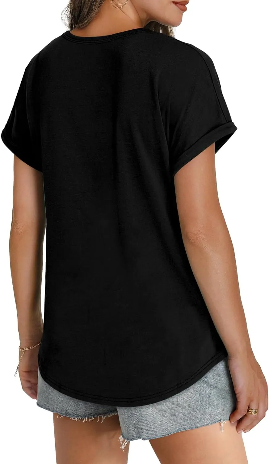 WEESO Womens T Shirts Crew Neck Rolled Short Sleeve Basic Summer Tops 2025 Casual Tees Curved Hem