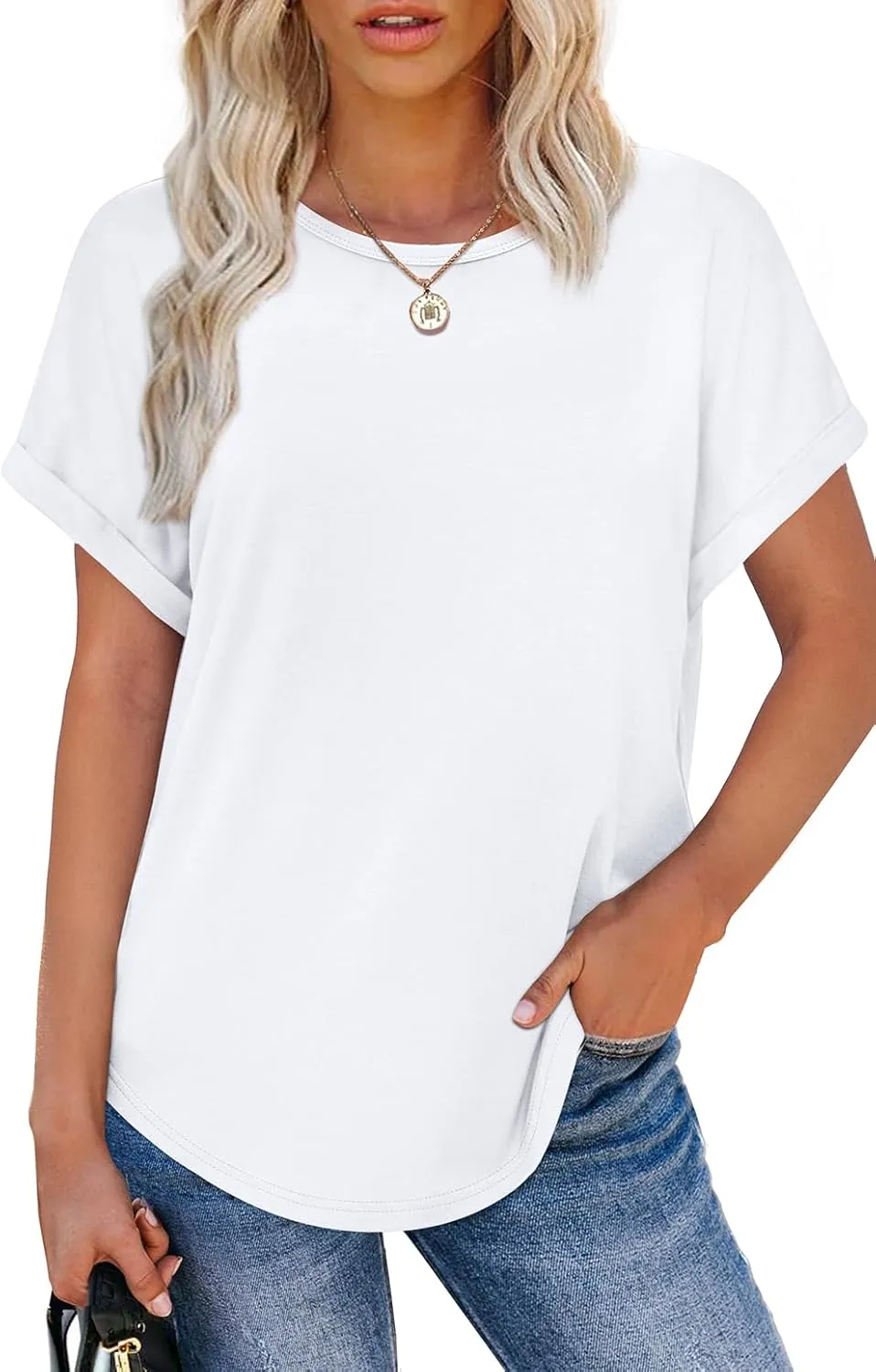 WEESO Womens T Shirts Crew Neck Rolled Short Sleeve Basic Summer Tops 2025 Casual Tees Curved Hem