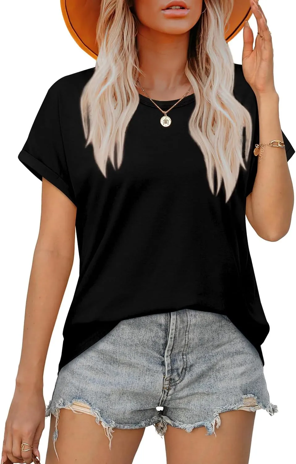 WEESO Womens T Shirts Crew Neck Rolled Short Sleeve Basic Summer Tops 2025 Casual Tees Curved Hem