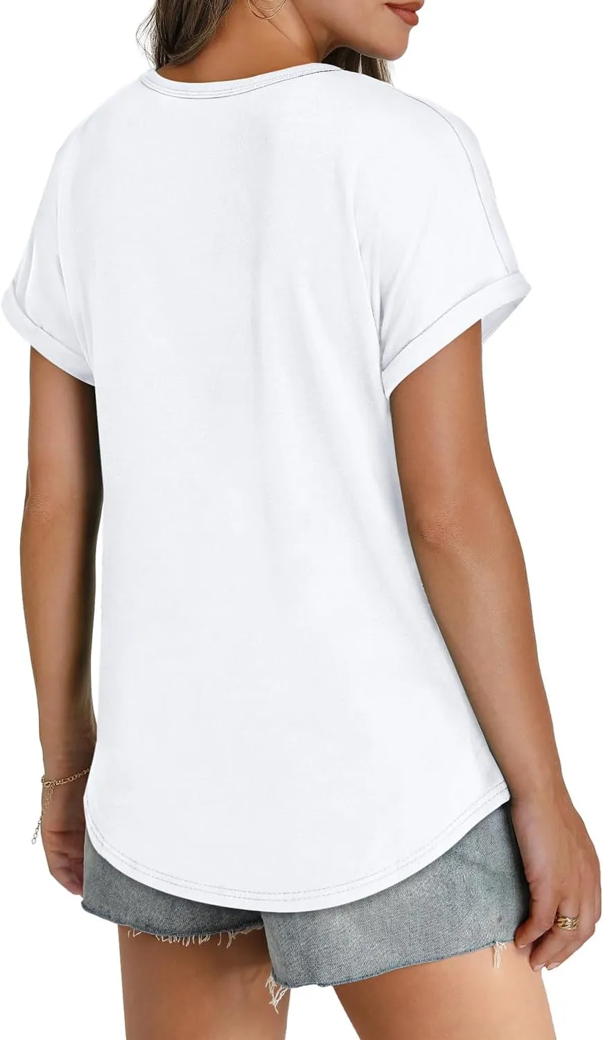 WEESO Womens T Shirts Crew Neck Rolled Short Sleeve Basic Summer Tops 2025 Casual Tees Curved Hem