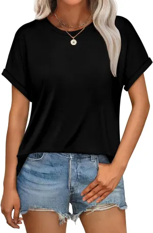 WEESO Womens T Shirts Crew Neck Rolled Short Sleeve Basic Summer Tops 2025 Casual Tees Curved Hem