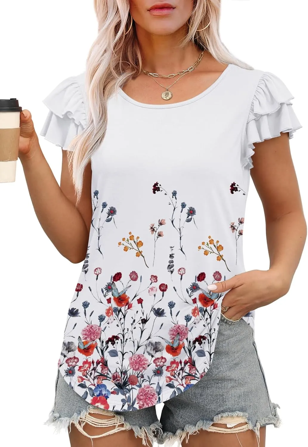 WEESO Womens T Shirts Ruffle Short Sleeve Summer Tops Cute Crew Neck Casual Blouses