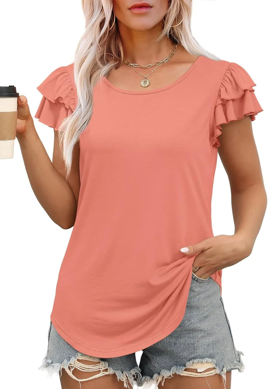 WEESO Womens T Shirts Ruffle Short Sleeve Summer Tops Cute Crew Neck Casual Blouses