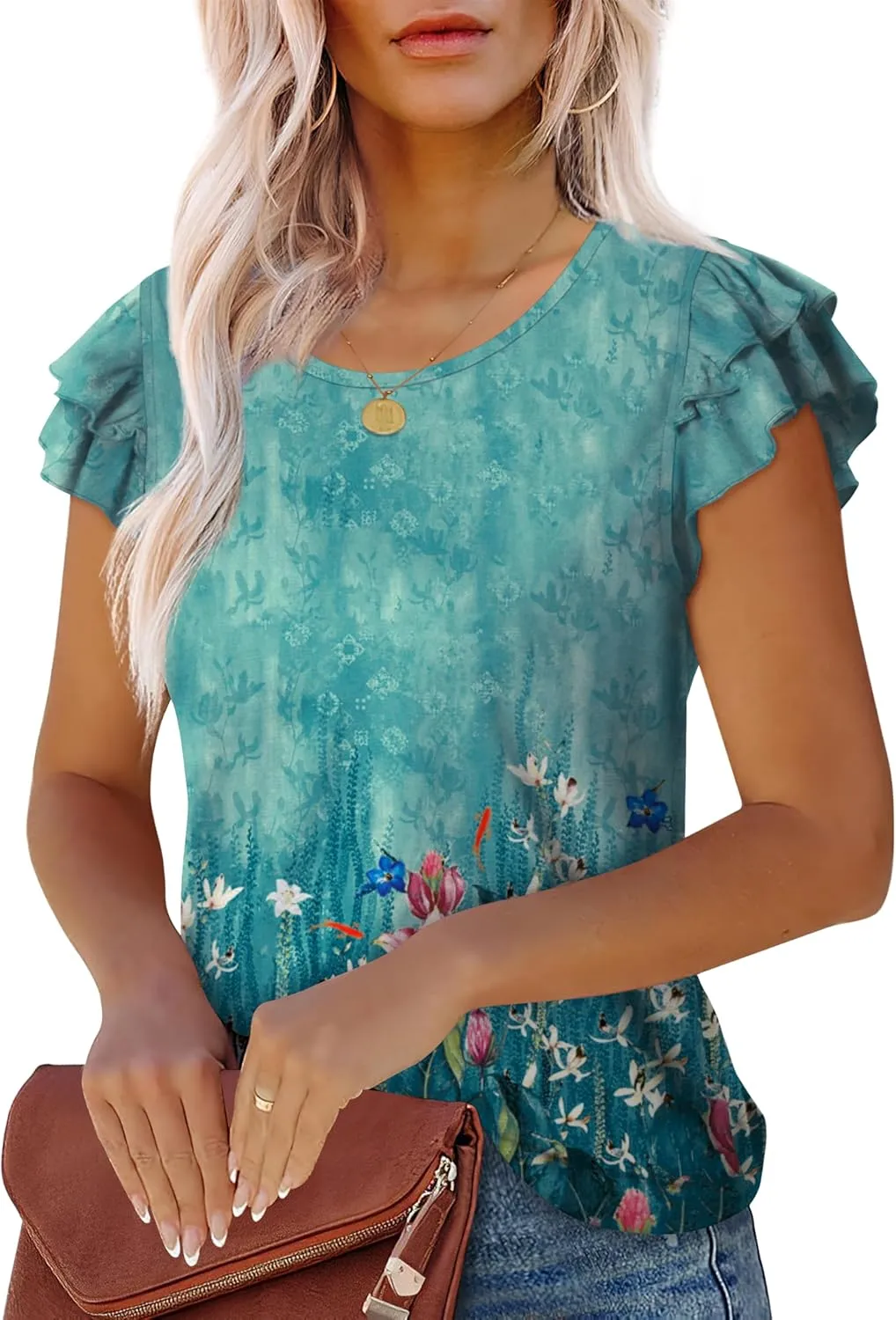 WEESO Womens T Shirts Ruffle Short Sleeve Summer Tops Cute Crew Neck Casual Blouses
