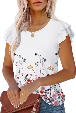 WEESO Womens T Shirts Ruffle Short Sleeve Summer Tops Cute Crew Neck Casual Blouses