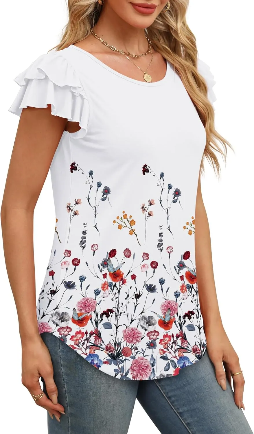 WEESO Womens T Shirts Ruffle Short Sleeve Summer Tops Cute Crew Neck Casual Blouses