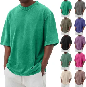 WENKOMG1 Cotton Shirt for Men Loose Fit Distressed Casual Half Sleeve T-Shirt Summer Retro Style Crewneck Pullover