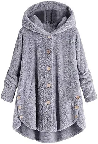 Winter Jackets for Women Warm Button Down Open Front Hooded Cardigan Jacket Sherpa Lined Fuzzy Fleece Casual Coats
