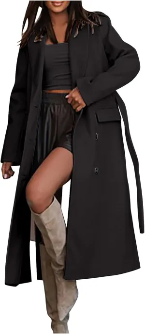 Winter Trench Coat for Women Single Breasted Overcoat Lapel Long A-line Pea Coat Elegant Solid Outerwear with Belt