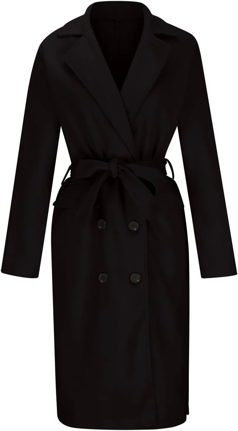 Winter Trench Coat for Women Single Breasted Overcoat Lapel Long A-line Pea Coat Elegant Solid Outerwear with Belt
