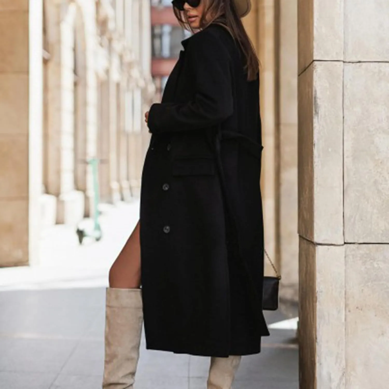 Winter Trench Coat for Women Single Breasted Overcoat Lapel Long A-line Pea Coat Elegant Solid Outerwear with Belt