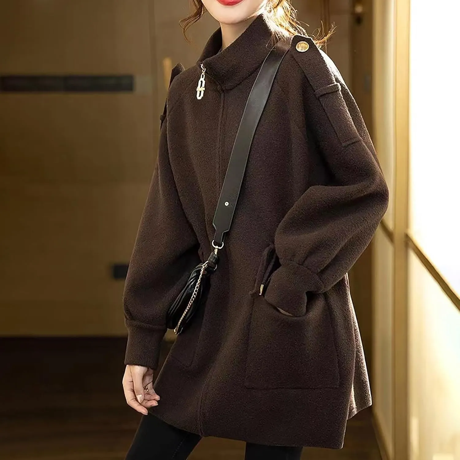 Winter Wool Coats for Women Pea Coat Casual Long Sleeve Full Zip Stand Collar Mid-Long Trench Coats Elegant Peacoat