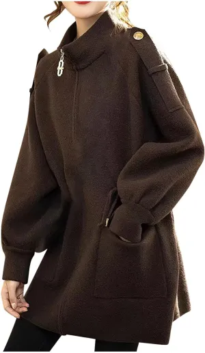 Winter Wool Coats for Women Pea Coat Casual Long Sleeve Full Zip Stand Collar Mid-Long Trench Coats Elegant Peacoat