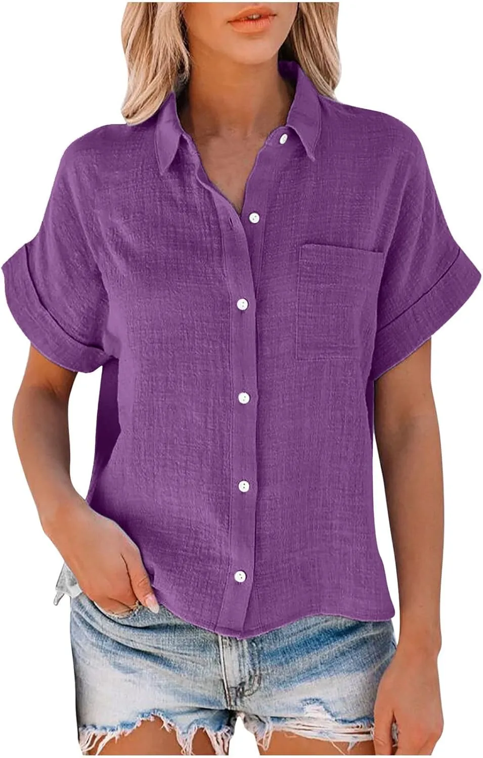 Wkishenl Womens Button Down Shirts Plus Size Cotton Linen Tops Loose Casual V Neck Blouse Summer Trendy T-Shirts with Pockets