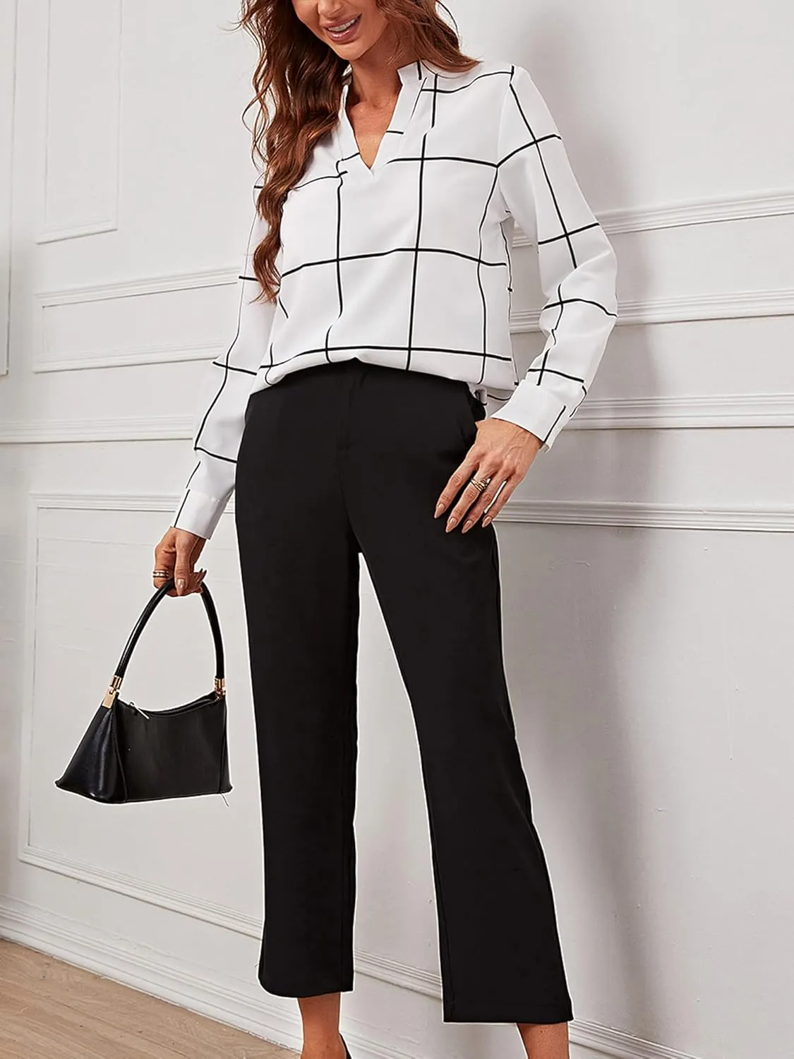 Women 2023 Spring Summer Short Tulip Sleeves V Neck Dressy Work Business Casual Chiffon Blouses Top