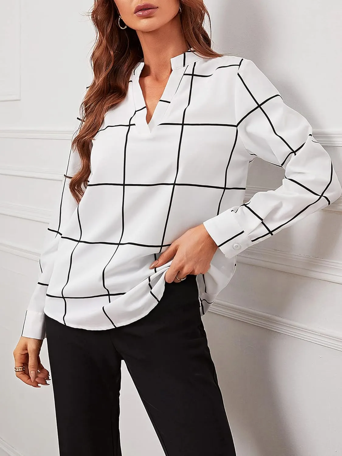 Women 2023 Spring Summer Short Tulip Sleeves V Neck Dressy Work Business Casual Chiffon Blouses Top