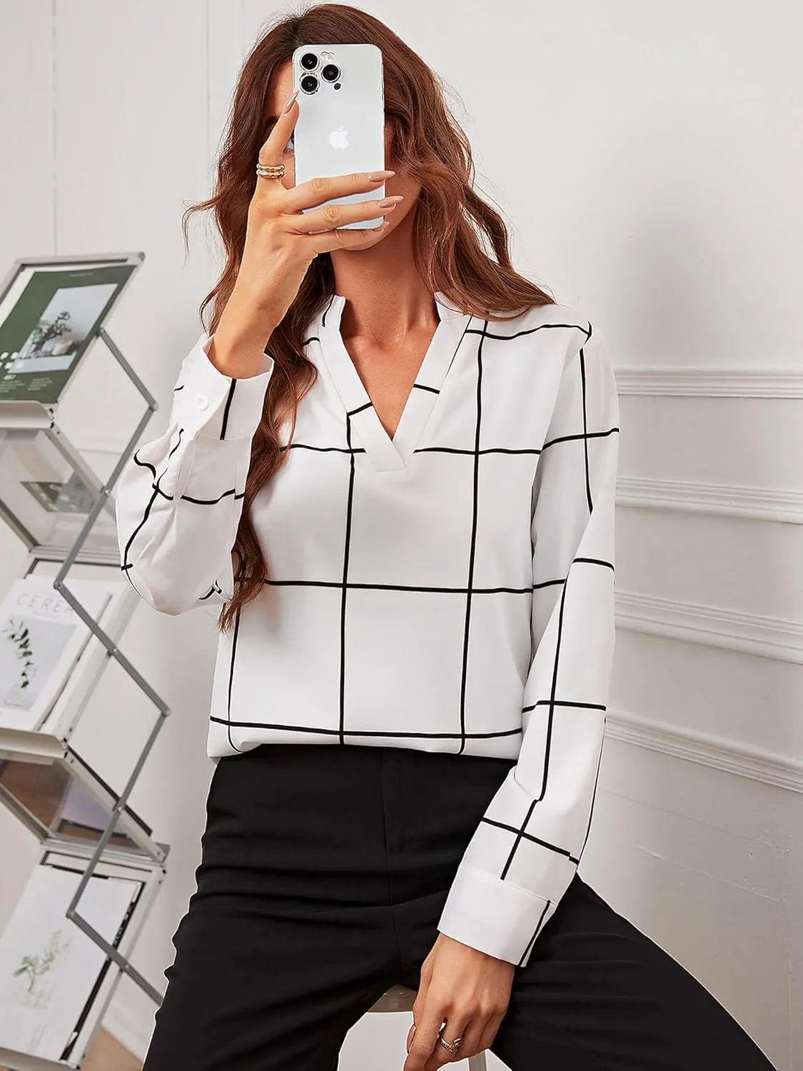 Women 2023 Spring Summer Short Tulip Sleeves V Neck Dressy Work Business Casual Chiffon Blouses Top