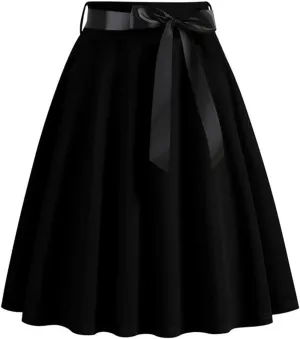 Women 50s Vintage Skirts Cosplay Retro Hepburn Style High Waist Midi Skirt Pleated Bow Belt Flared A-Line Swing Skirt