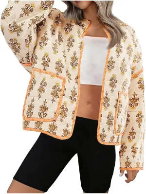 Women Cropped Puffer Jacket Cardigan Floral Print Stand Collar Coats Lightweight Open Front Crop Padded Down Jackets