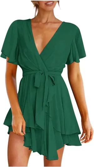 Women Dress V Neck Short Sleeve Waist Tie Ruffle Mini Swing Skater Dresses Summer Dressed