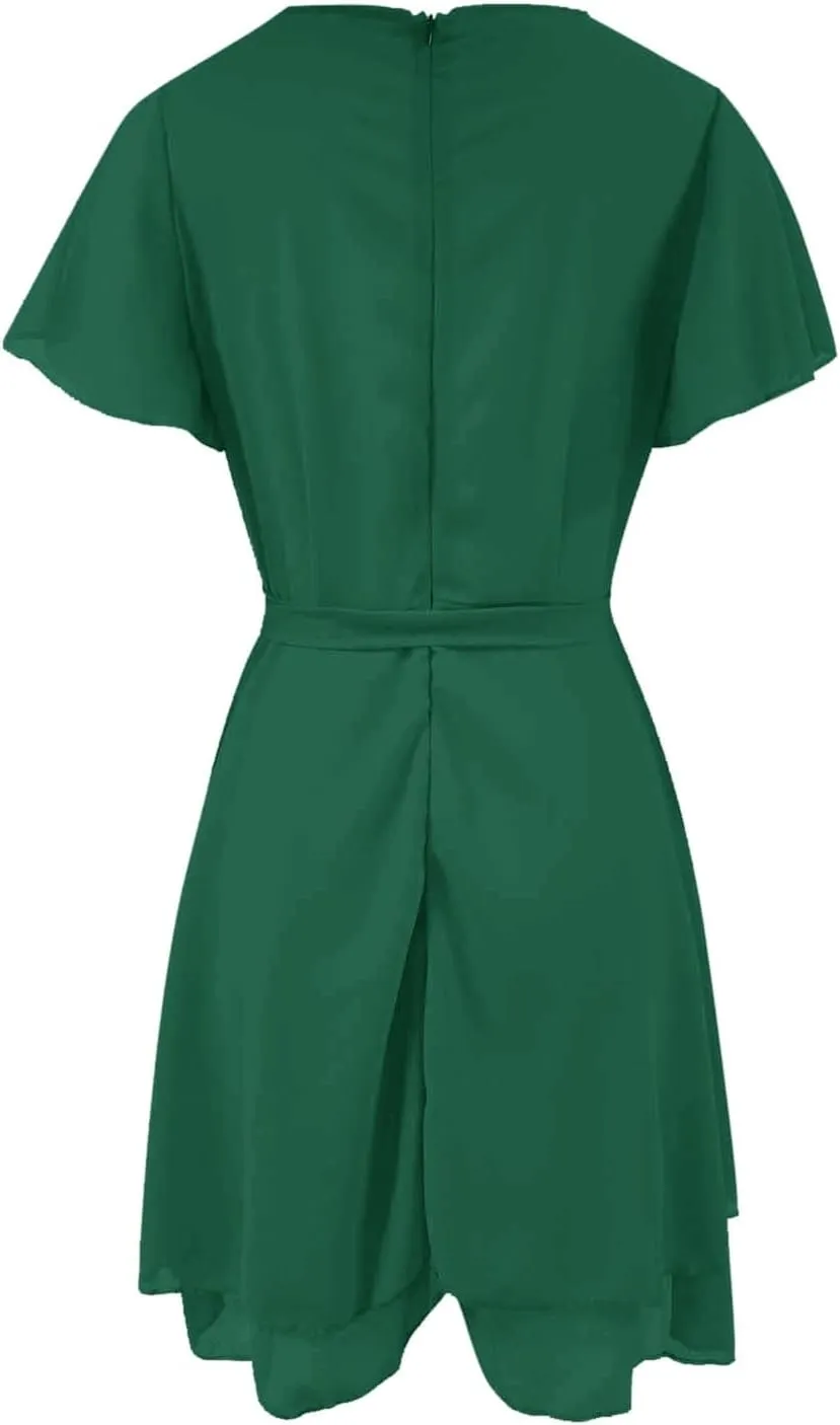 Women Dress V Neck Short Sleeve Waist Tie Ruffle Mini Swing Skater Dresses Summer Dressed
