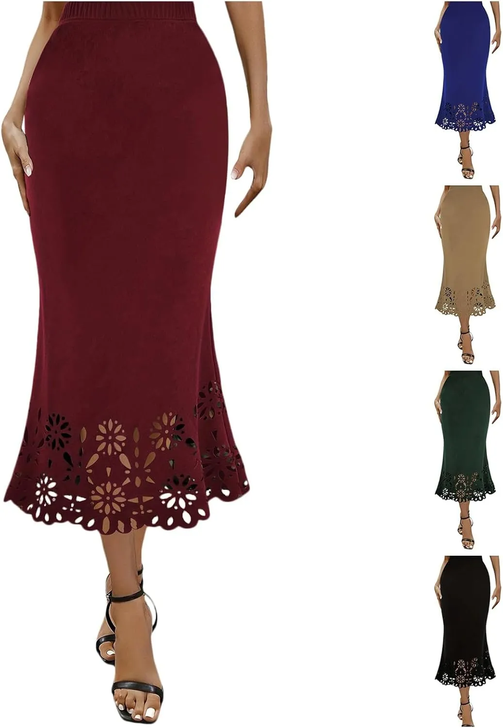 Women Fashion Solid Skirt Elastic Waist Slim Hollow A Shaped Skirt Fishtail Skirt Corset Skirt High Waist