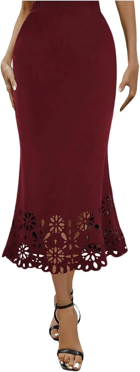 Women Fashion Solid Skirt Elastic Waist Slim Hollow A Shaped Skirt Fishtail Skirt Corset Skirt High Waist