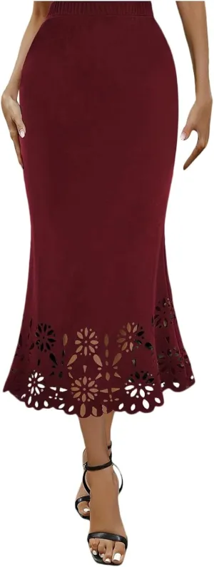 Women Fashion Solid Skirt Elastic Waist Slim Hollow A Shaped Skirt Fishtail Skirt Corset Skirt High Waist