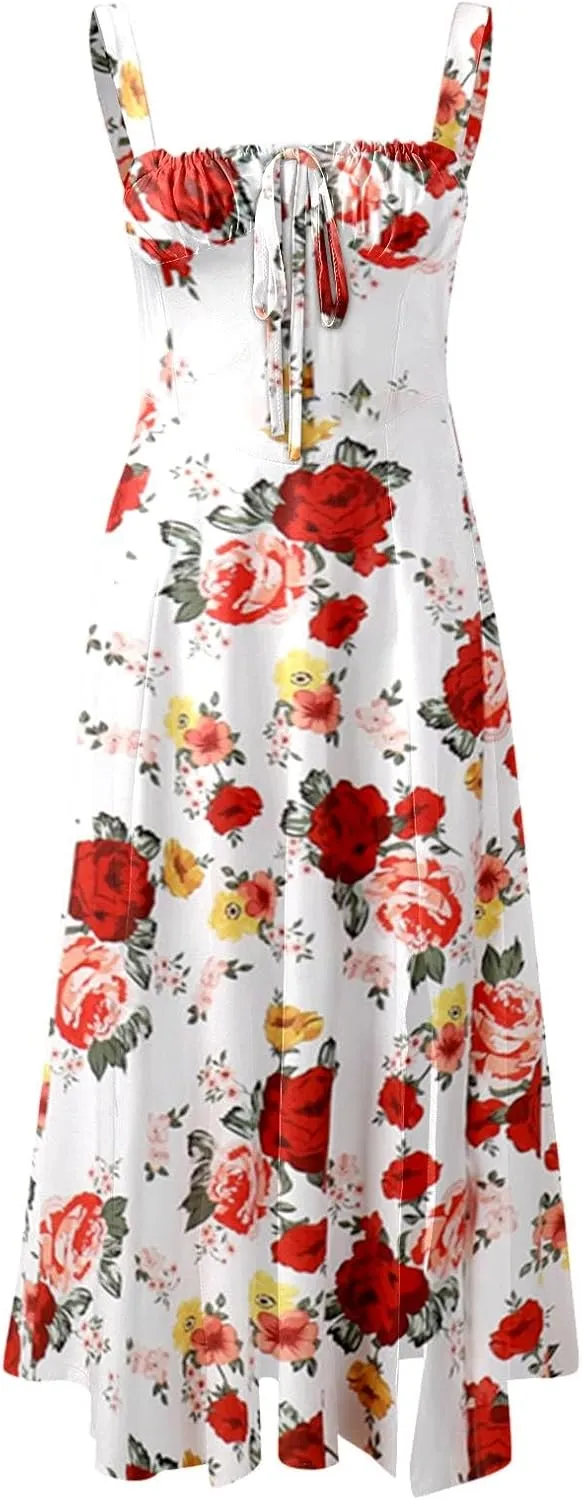 Women Floral Corset Dress Sleeveless Square Neck Side Split Spaghetti Straps Dress Boho Flowy Midi Bustier Sundress