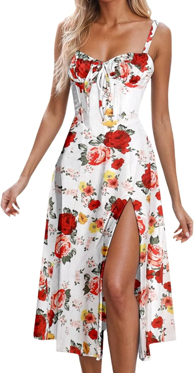 Women Floral Corset Dress Sleeveless Square Neck Side Split Spaghetti Straps Dress Boho Flowy Midi Bustier Sundress