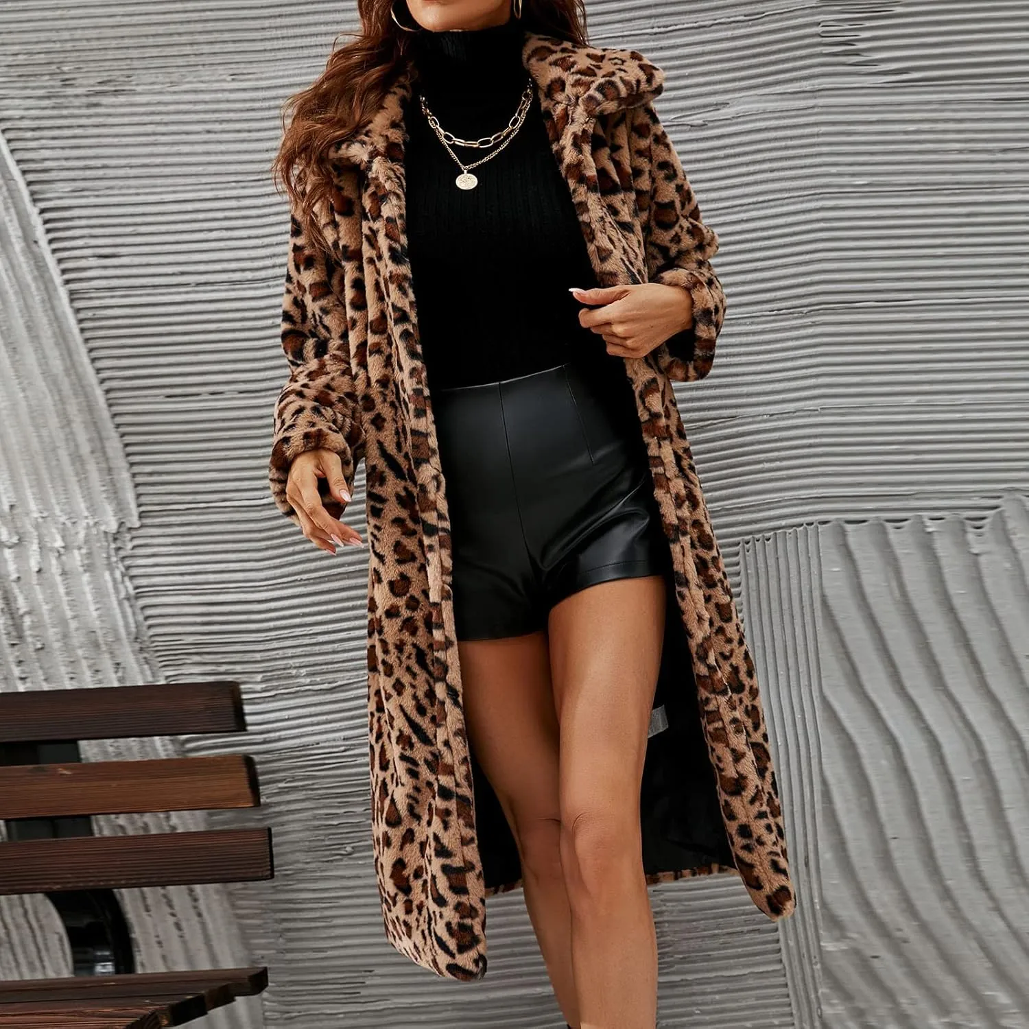 Women Ladies Leopard Overcoat Warm Faux Furry Jackets Winter Coats Turn Down Collar Medium Long Outerwear