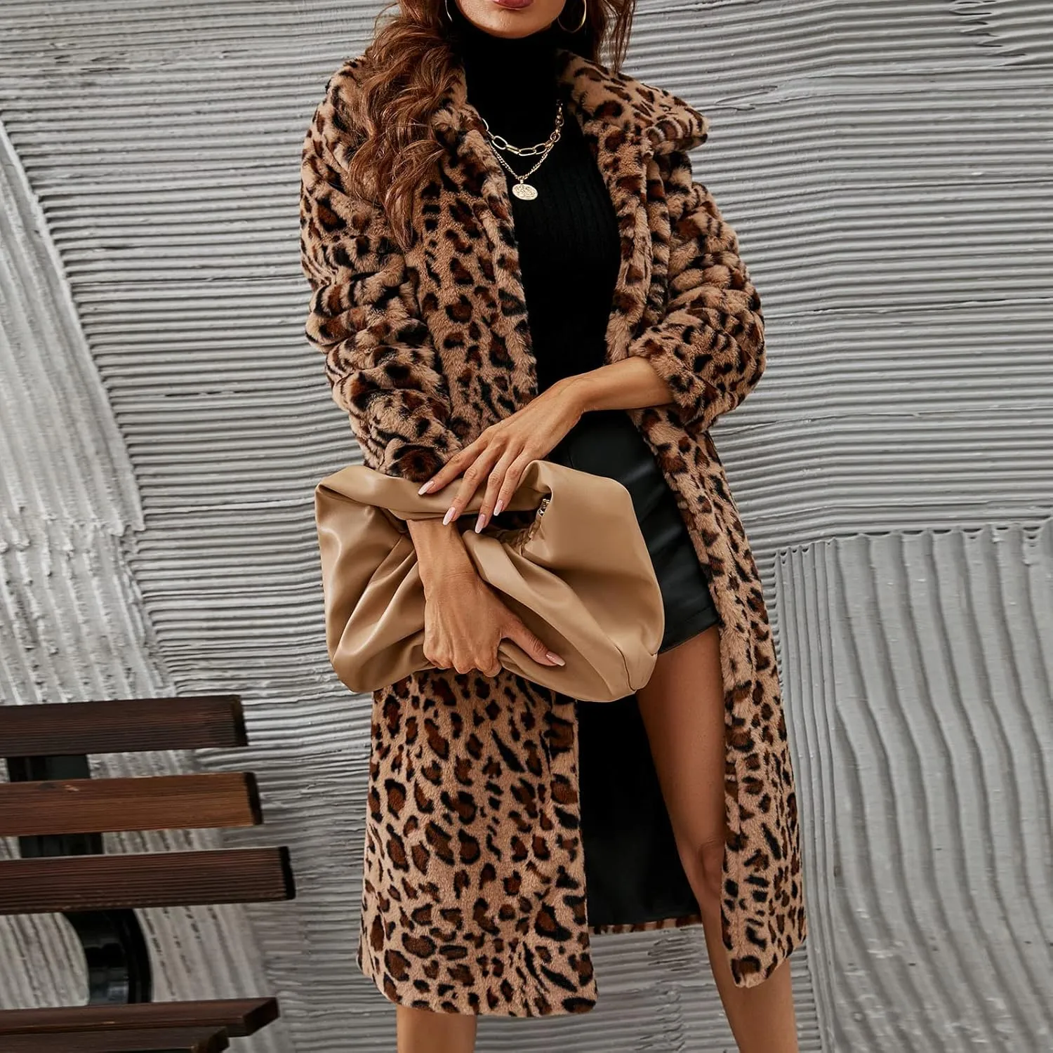 Women Ladies Leopard Overcoat Warm Faux Furry Jackets Winter Coats Turn Down Collar Medium Long Outerwear