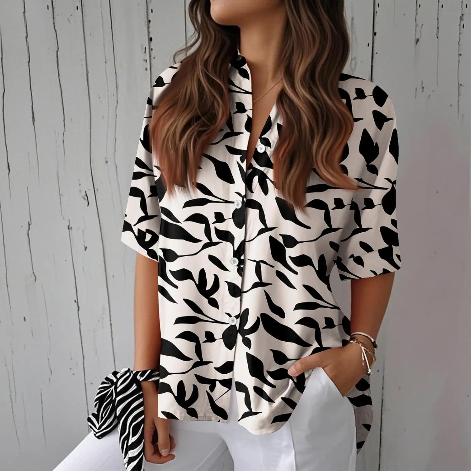 Women Linen Button Down Shirt Half Sleeve Collared Cotton Blouses Floral Printed Summer Beach Loose Casual Tops